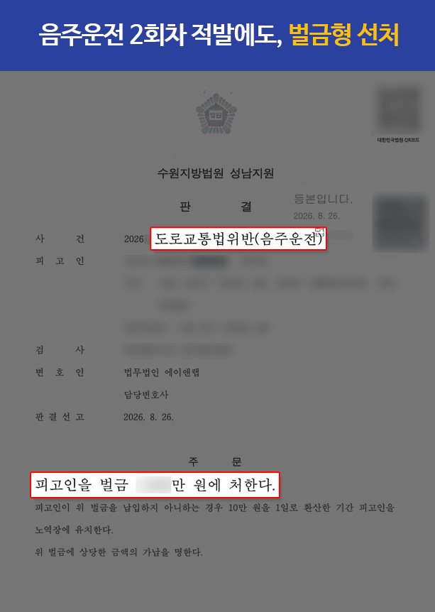 음주운전2회 적발, 처벌 벌금형으로 선처 받은 사례